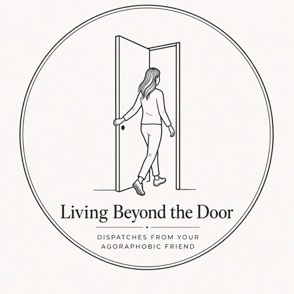 Living Beyond the Door logo featuring a person walking through an open door, symbolizing hope and recovery from agoraphobia.